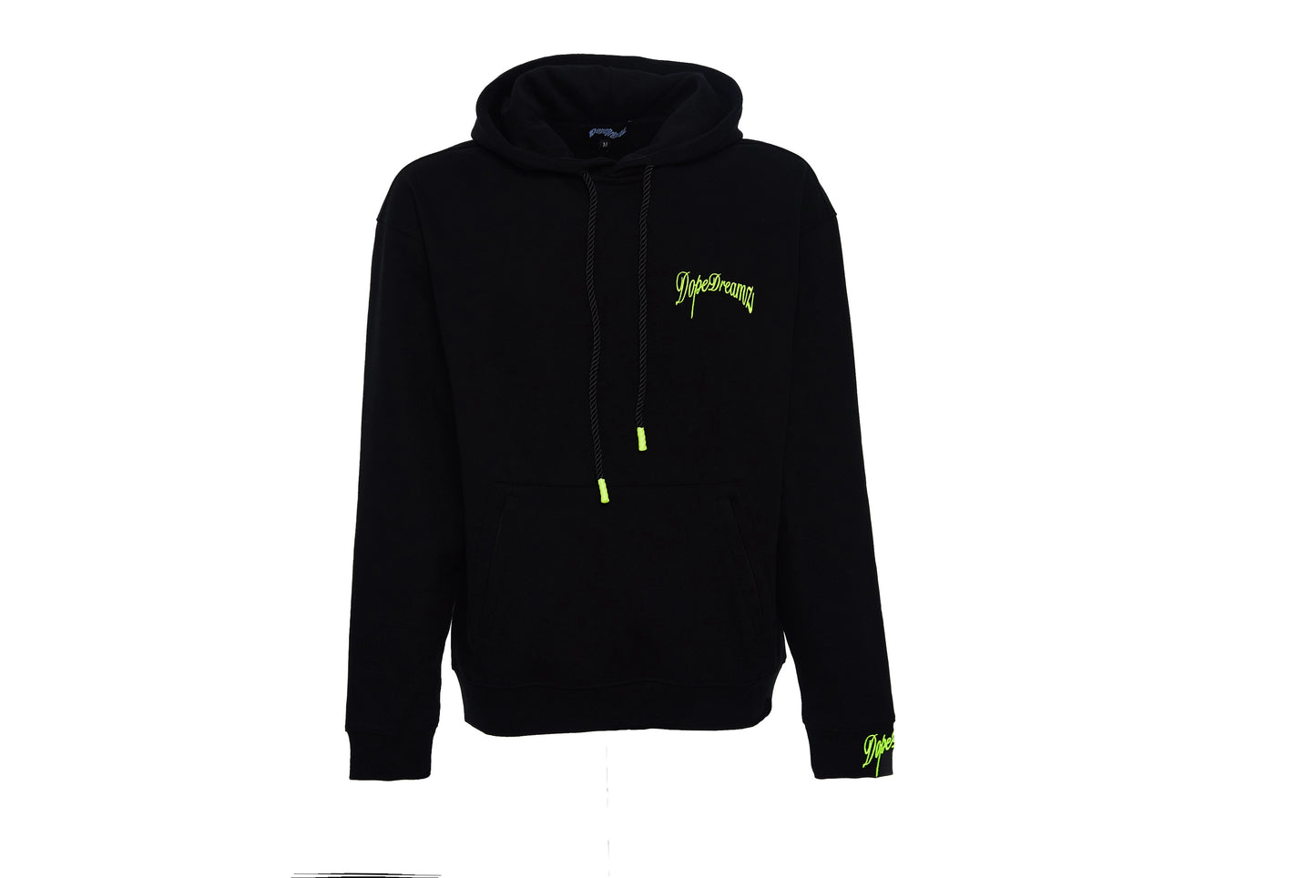 black DopeDreamz Hoodie with neon green embroidery logo and rope polyester draw string with green stylish neon green tips. (streetwear clothing) (luxury clothing)