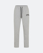 Grey joggers with 3D embroidered back logo against a white background
