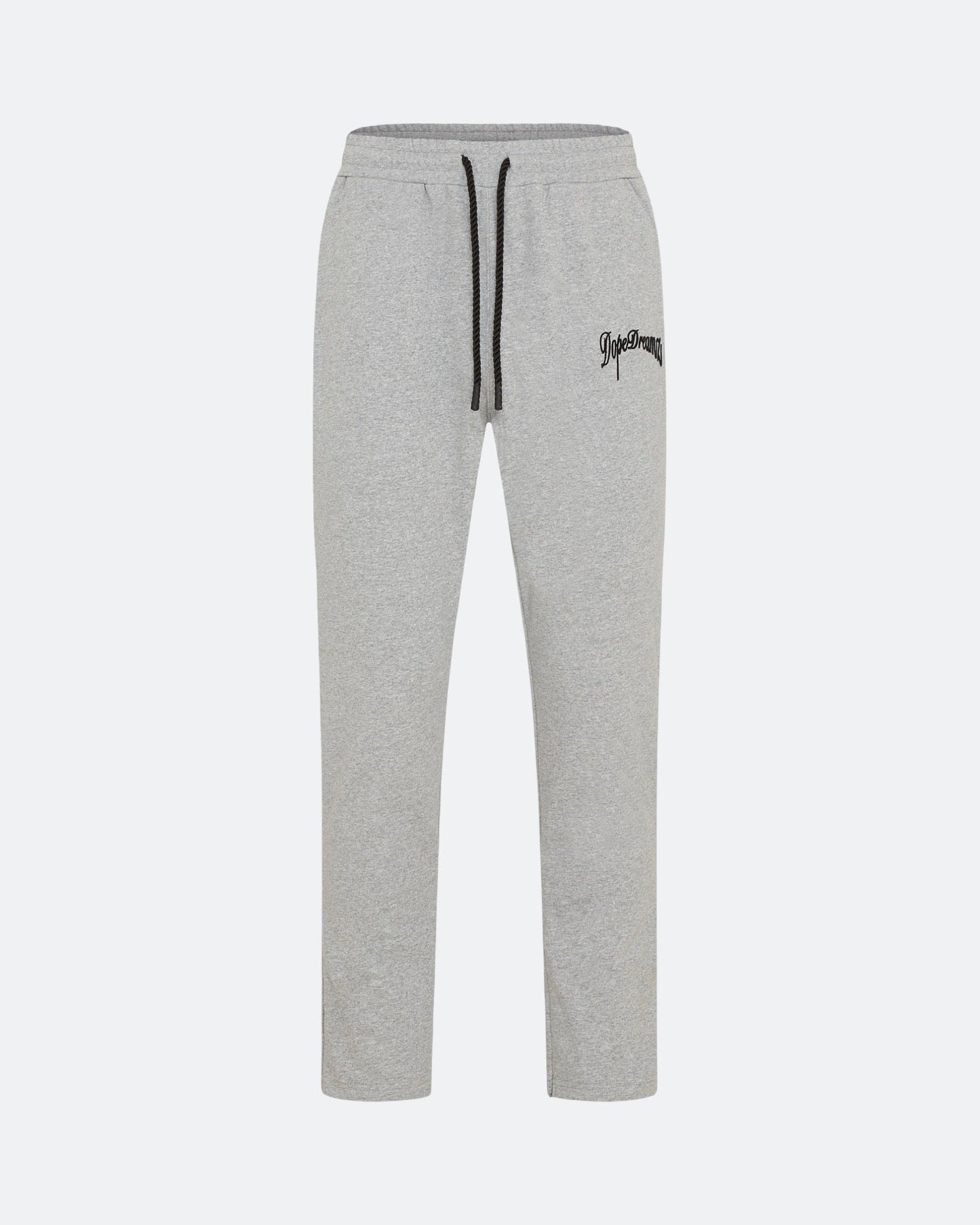 Grey joggers with 3D embroidered back logo against a white background
