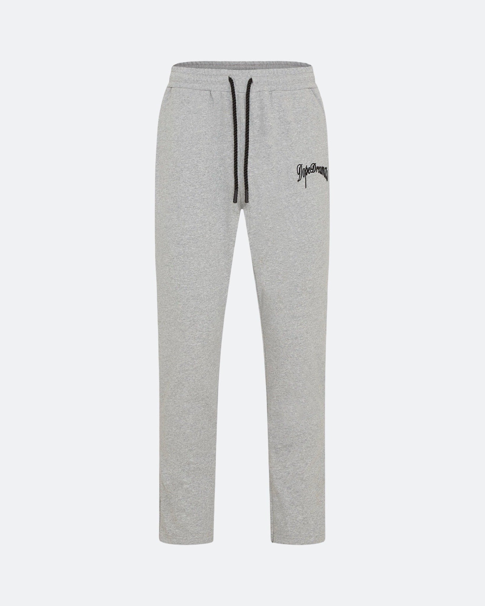 Grey joggers with 3D embroidered back logo against a white background
