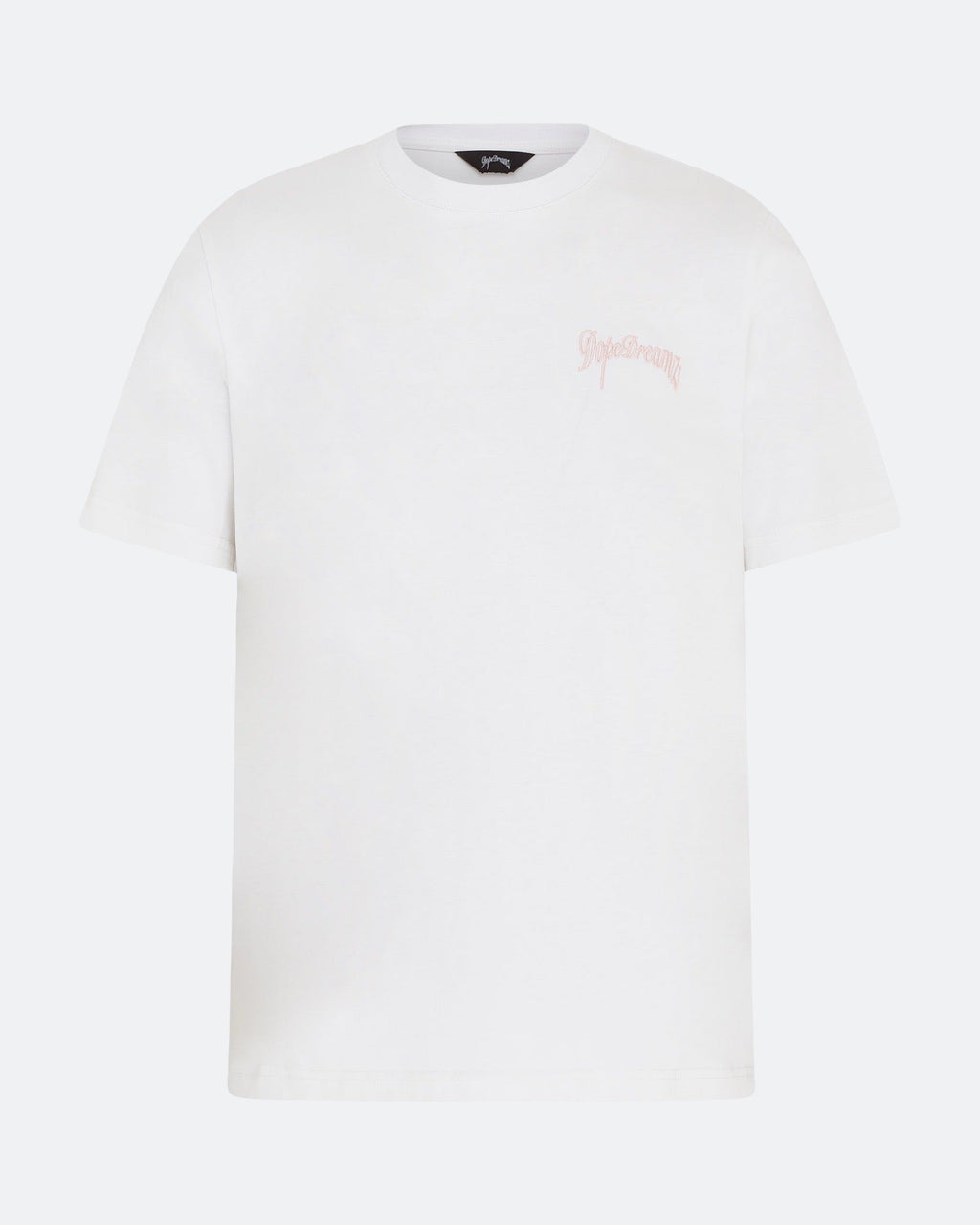 White DopeDreamz t-shirt with baby pink 3D embroidered chest logo, front view on light background
