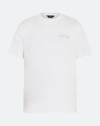White DopeDreamz t-shirt with baby pink 3D embroidered chest logo, front view on light background
