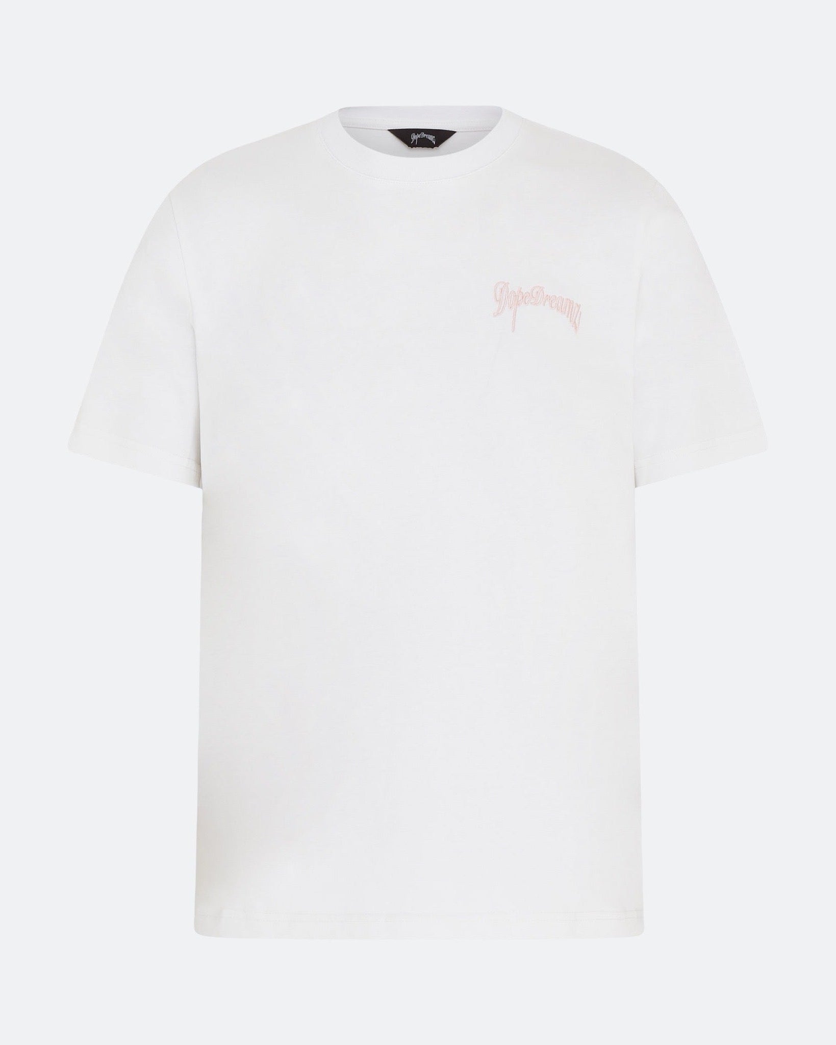 White DopeDreamz t-shirt with baby pink 3D embroidered chest logo, front view on light background
