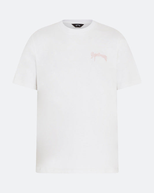 White DopeDreamz t-shirt with baby pink 3D embroidered chest logo, front view on light background
