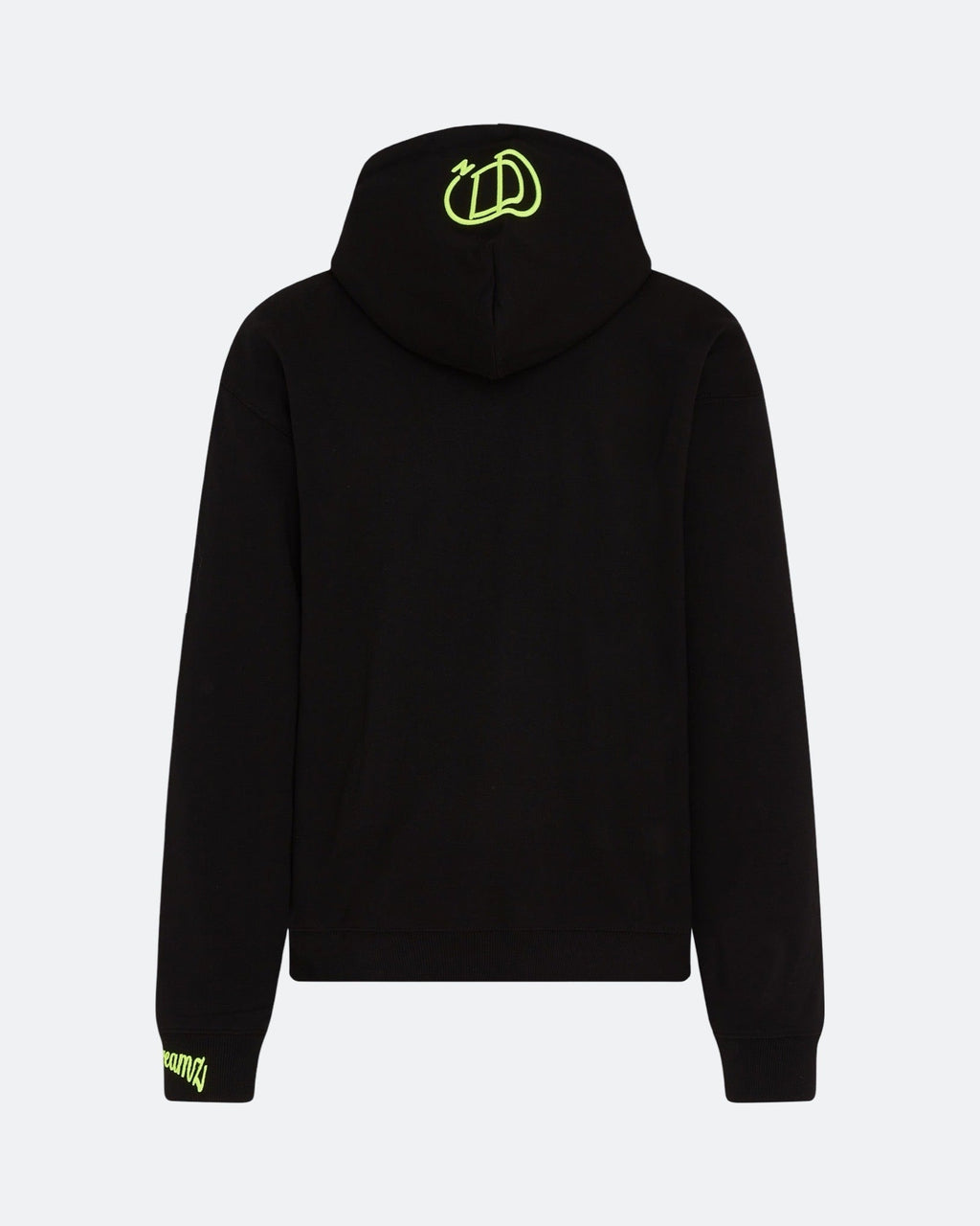 Black hoodie with neon 3D embroidered back logo against a light background
