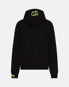 Black hoodie with neon 3D embroidered back logo against a light background
