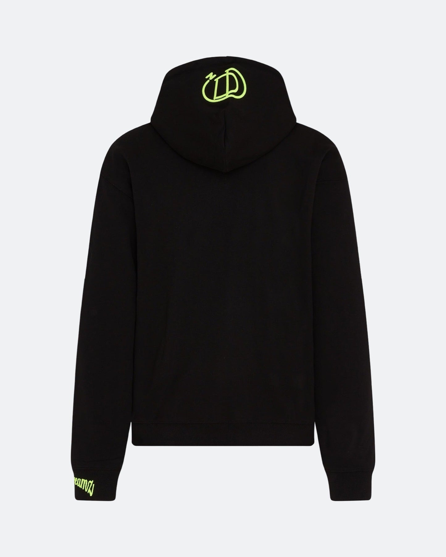 Black hoodie with neon 3D embroidered back logo against a light background
