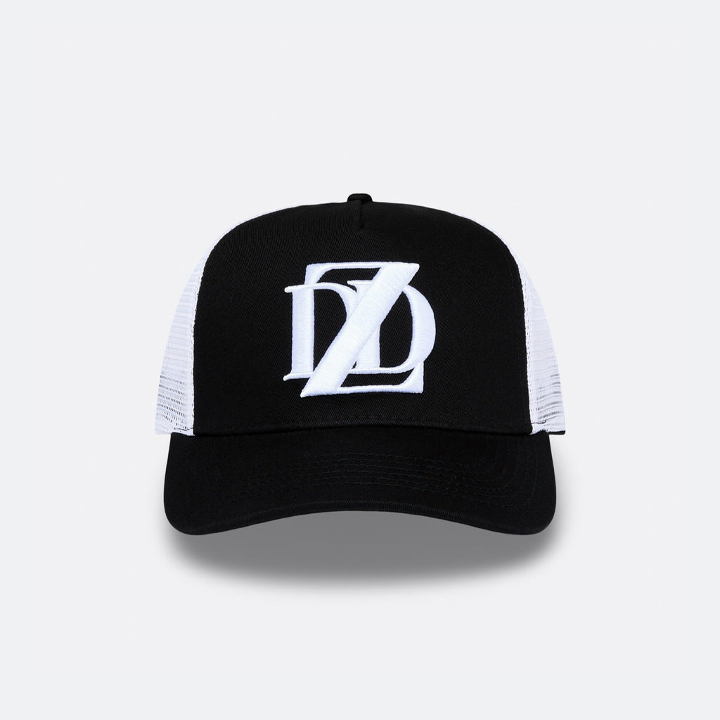  Black and white DopeDreamz Interlude Noir trucker cap front view with white embroidered DDZ logo