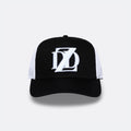  Black and white DopeDreamz Interlude Noir trucker cap front view with white embroidered DDZ logo