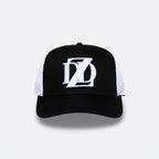  Black and white DopeDreamz Interlude Noir trucker cap front view with white embroidered DDZ logo