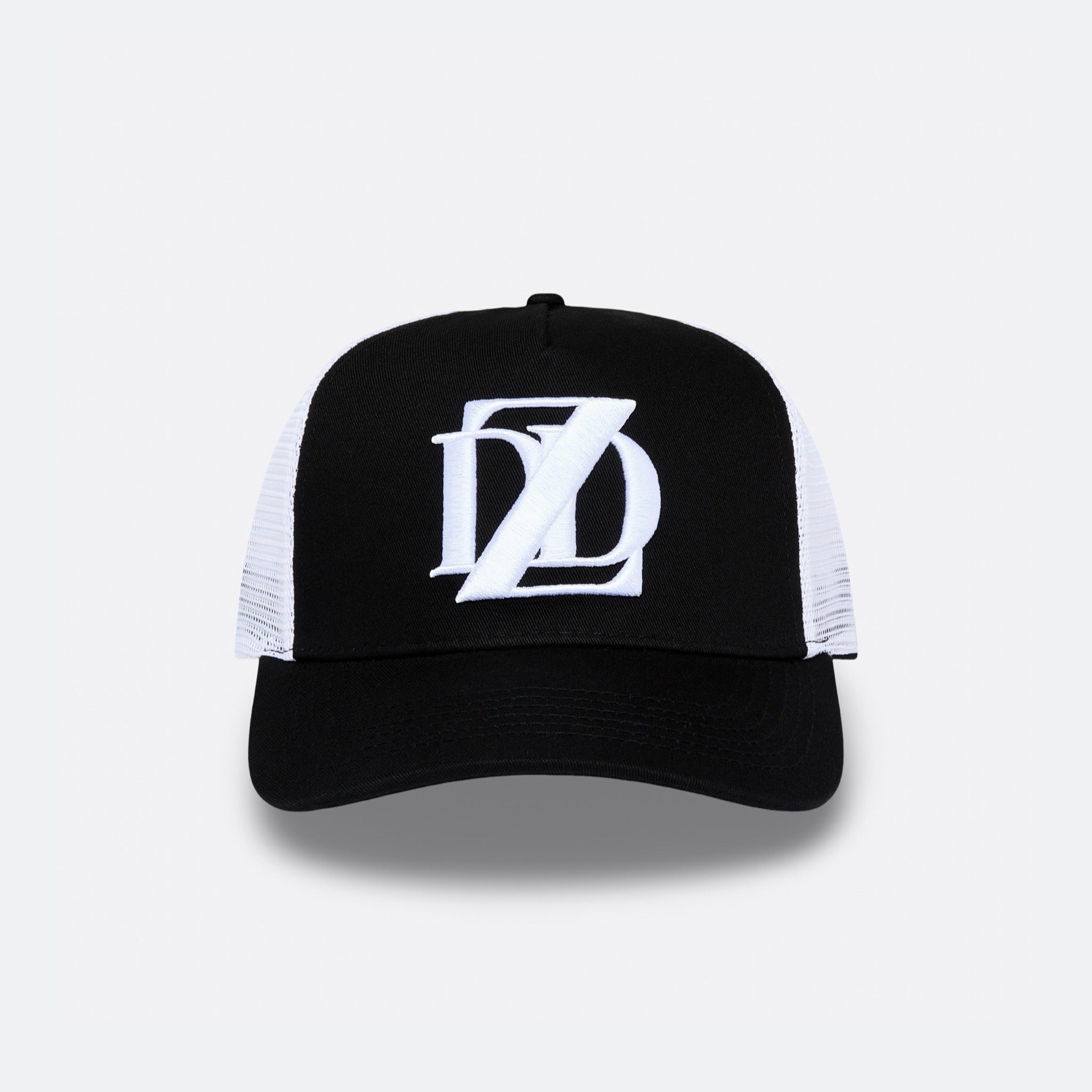  Black and white DopeDreamz Interlude Noir trucker cap front view with white embroidered DDZ logo