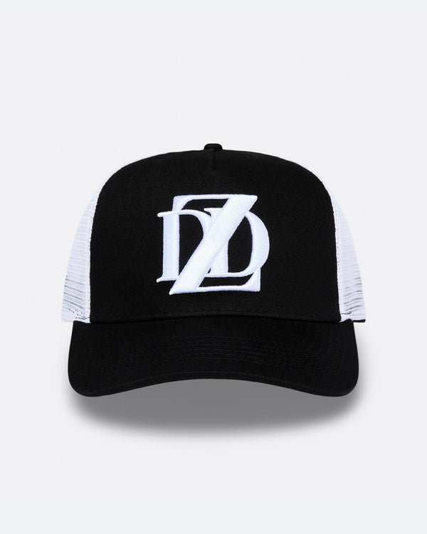  Black and white DopeDreamz Interlude Noir trucker cap front view with white embroidered DDZ logo