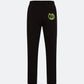 Black joggers with neon 3D embroidered back logo against a light background
