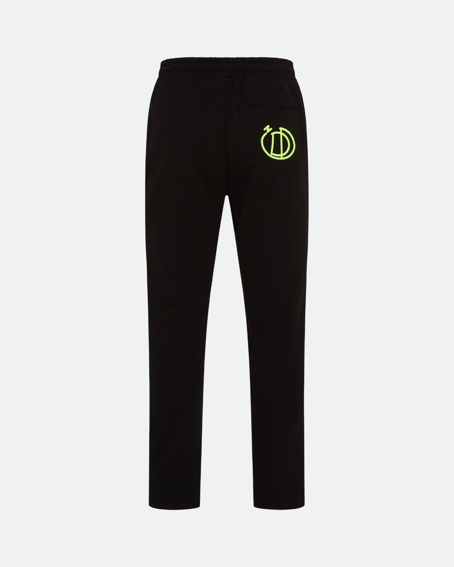 Black joggers with neon 3D embroidered back logo against a light background

