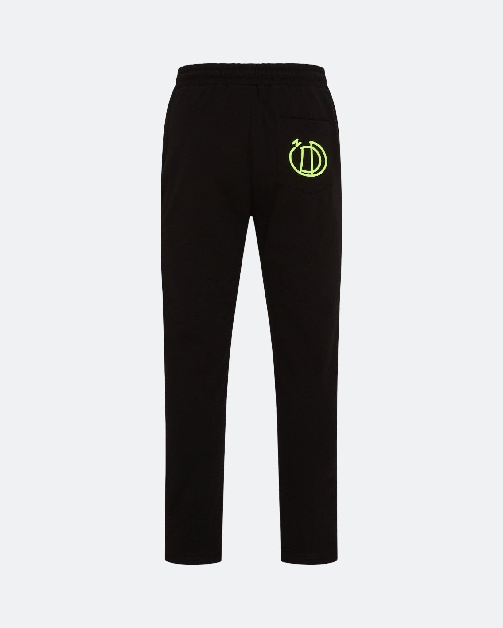Black joggers with neon 3D embroidered back logo against a light background
