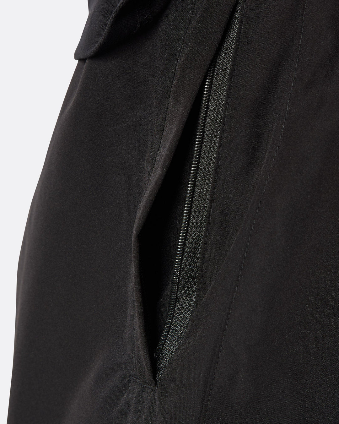 Close-up of the DopeDreamz Interlude Noir black premium shorts featuring the concealed zip pocket.