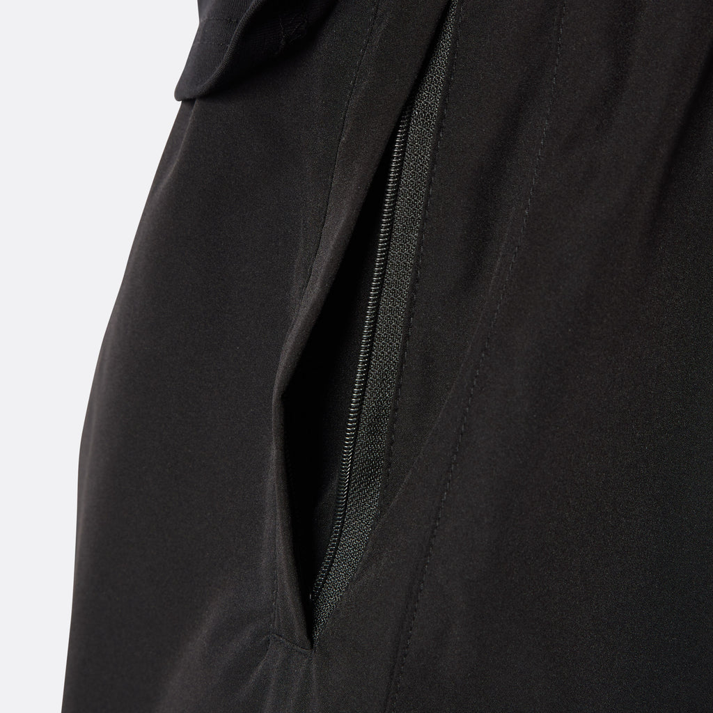 Close-up of the concealed black zip pocket on the DopeDreamz Interlude Noir black premium shorts.
