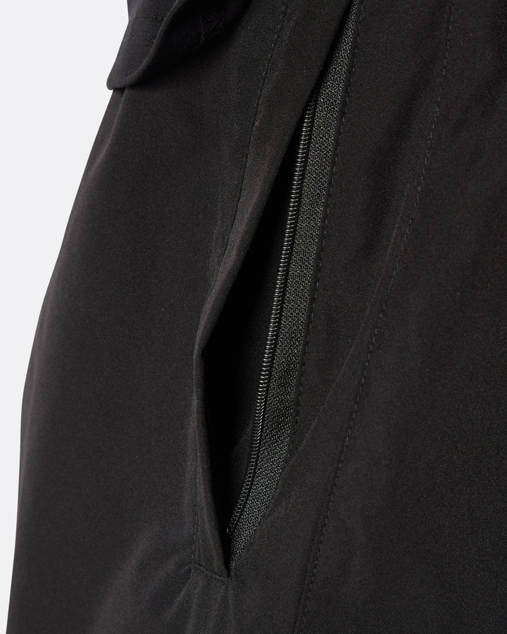 Close-up of the concealed black zip pocket on the DopeDreamz Interlude Noir black premium shorts.