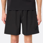 Front close-up of the DopeDreamz Interlude Noir black shorts featuring a tonal black embroidered DDZ monogram, concealed zip side pockets and a tailored, minimalist fit.