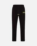 Black joggers with neon 3D embroidered logo on the front against a light background
