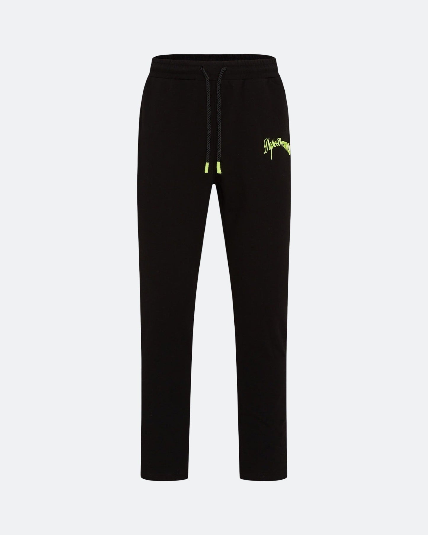 Black joggers with neon 3D embroidered logo on the front against a light background
