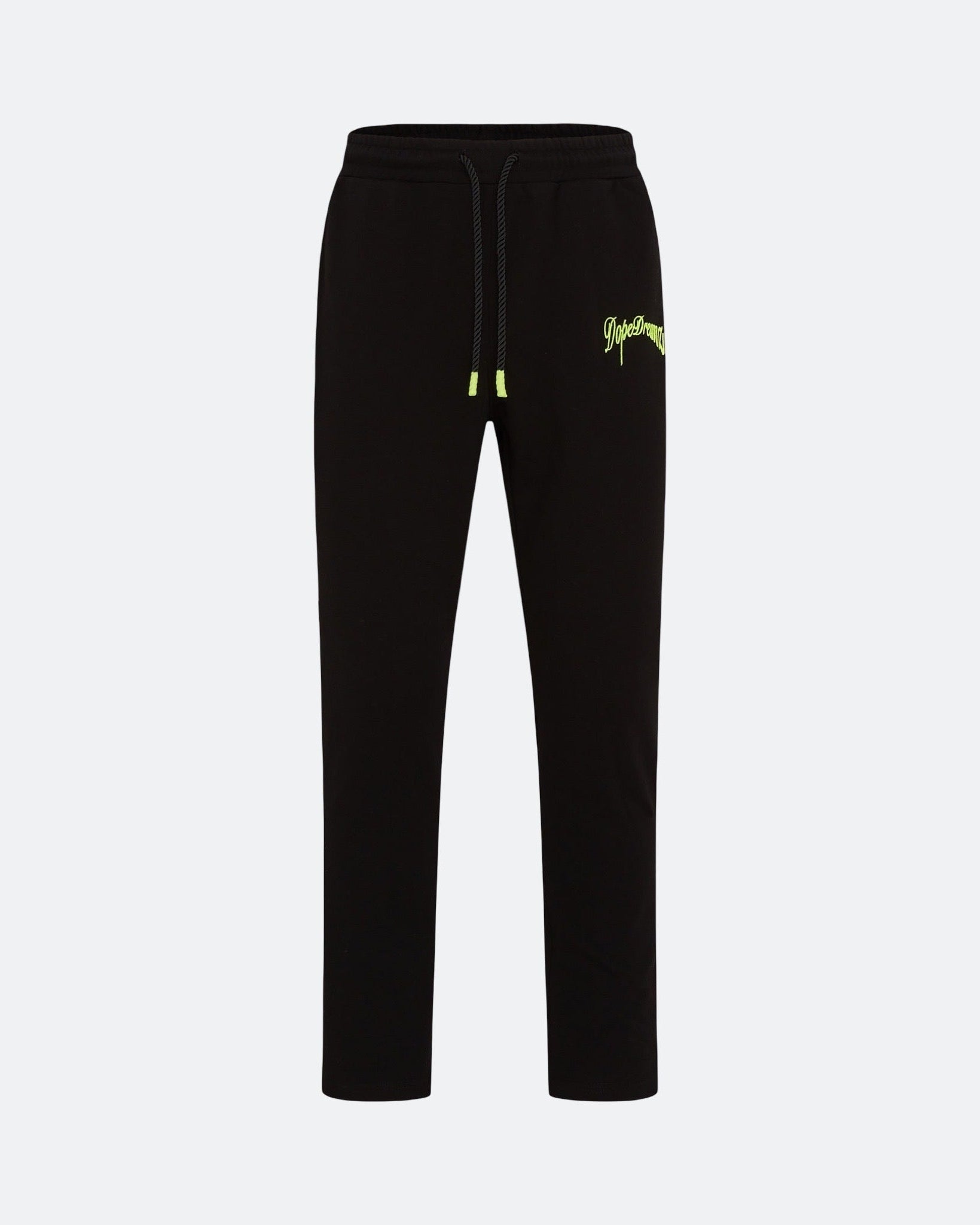 Black joggers with neon 3D embroidered logo on the front against a light background
