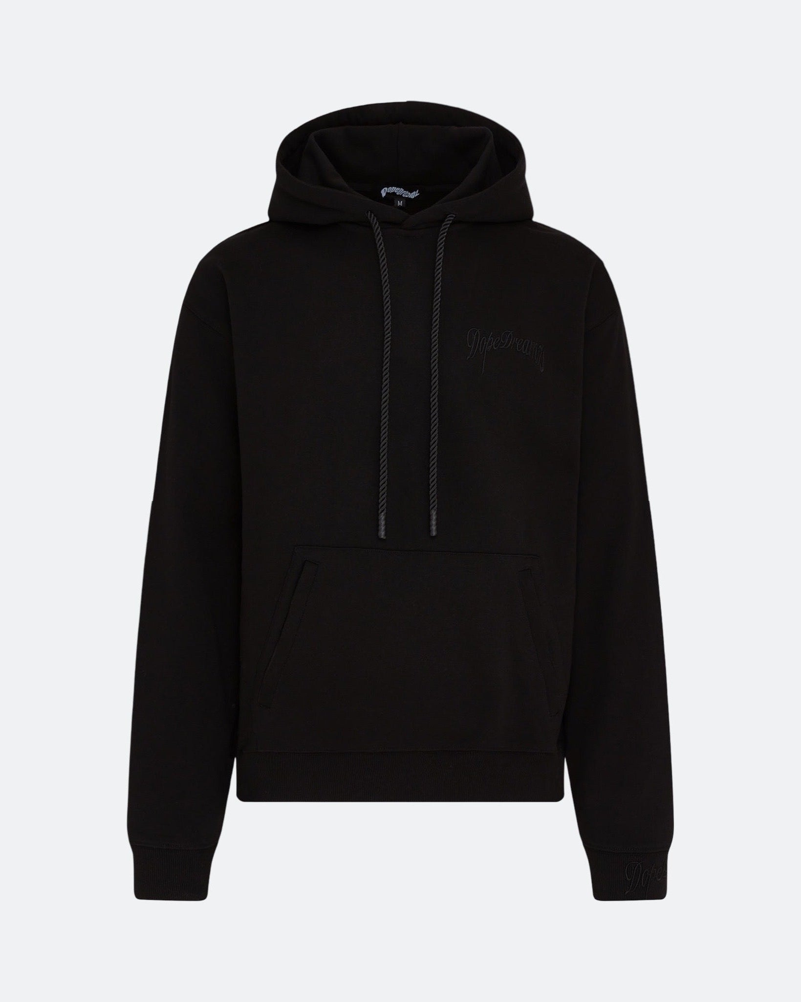 Black hoodie with 3D embroidered logo on the chest against a light background
