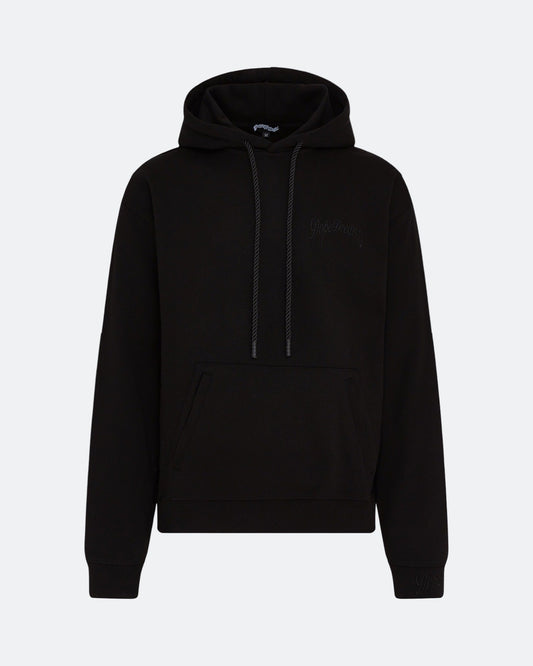 Black hoodie with 3D embroidered logo on the chest against a light background
