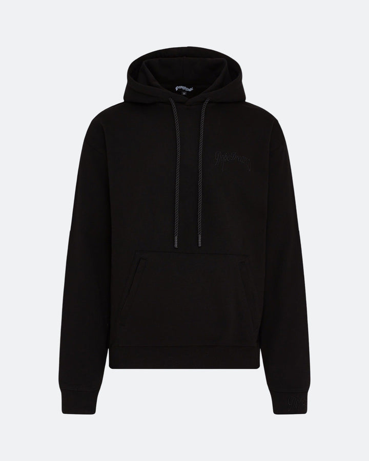 Black hoodie with 3D embroidered logo on the chest against a light background
