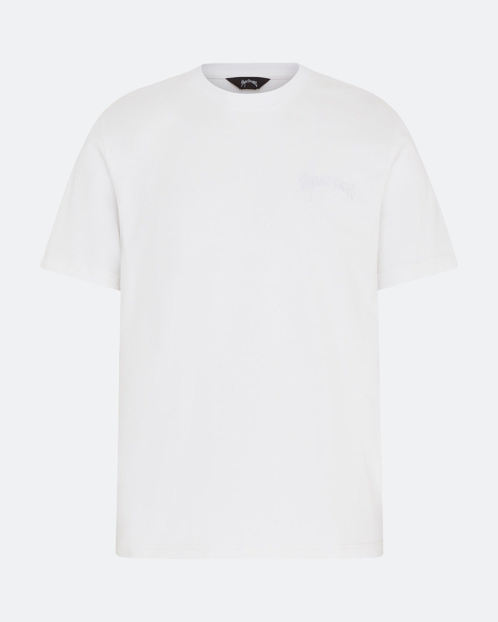 White DopeDreamz t-shirt with white 3D embroidered chest logo, front view on light background
