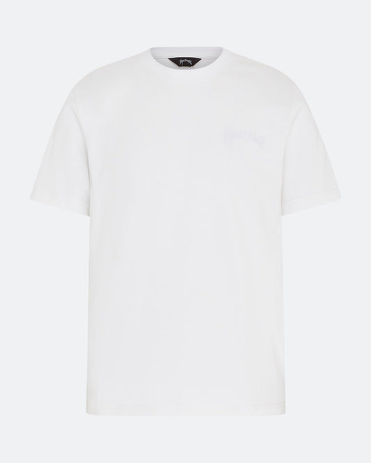 White DopeDreamz t-shirt with white 3D embroidered chest logo, front view on light background
