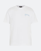 White DopeDreamz t-shirt with blue 3D embroidered chest logo, front view on light background
