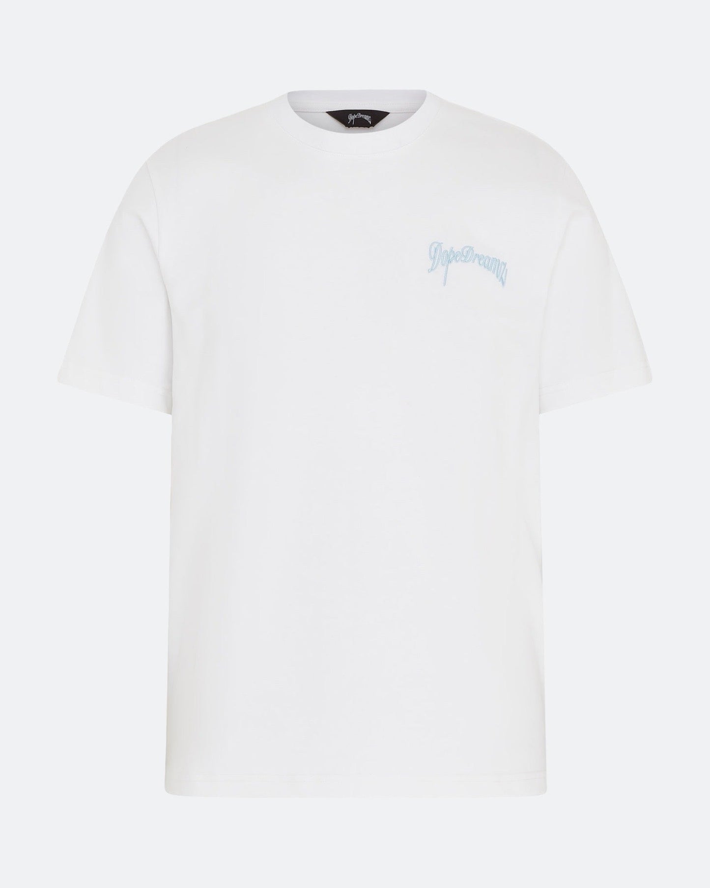 White DopeDreamz t-shirt with blue 3D embroidered chest logo, front view on light background

