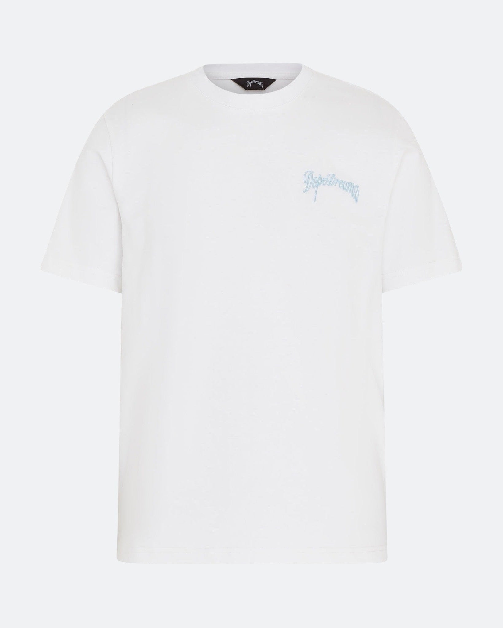 White DopeDreamz t-shirt with blue 3D embroidered chest logo, front view on light background
