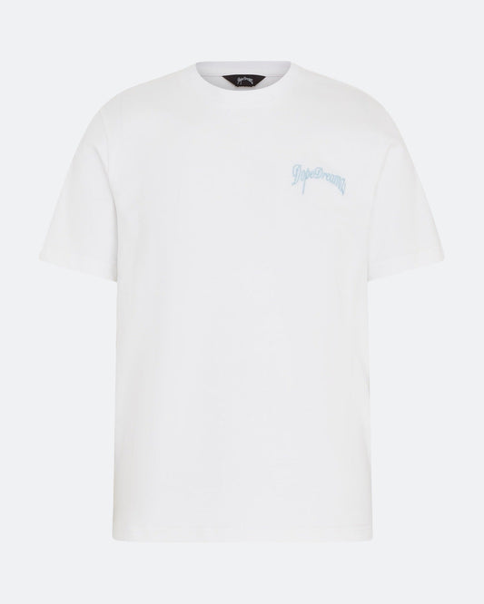 White DopeDreamz t-shirt with blue 3D embroidered chest logo, front view on light background
