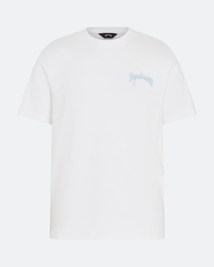 White DopeDreamz t-shirt with blue 3D embroidered chest logo, front view on light background
