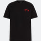 Black DopeDreamz t-shirt with red 3D embroidered chest logo, front view on light background
