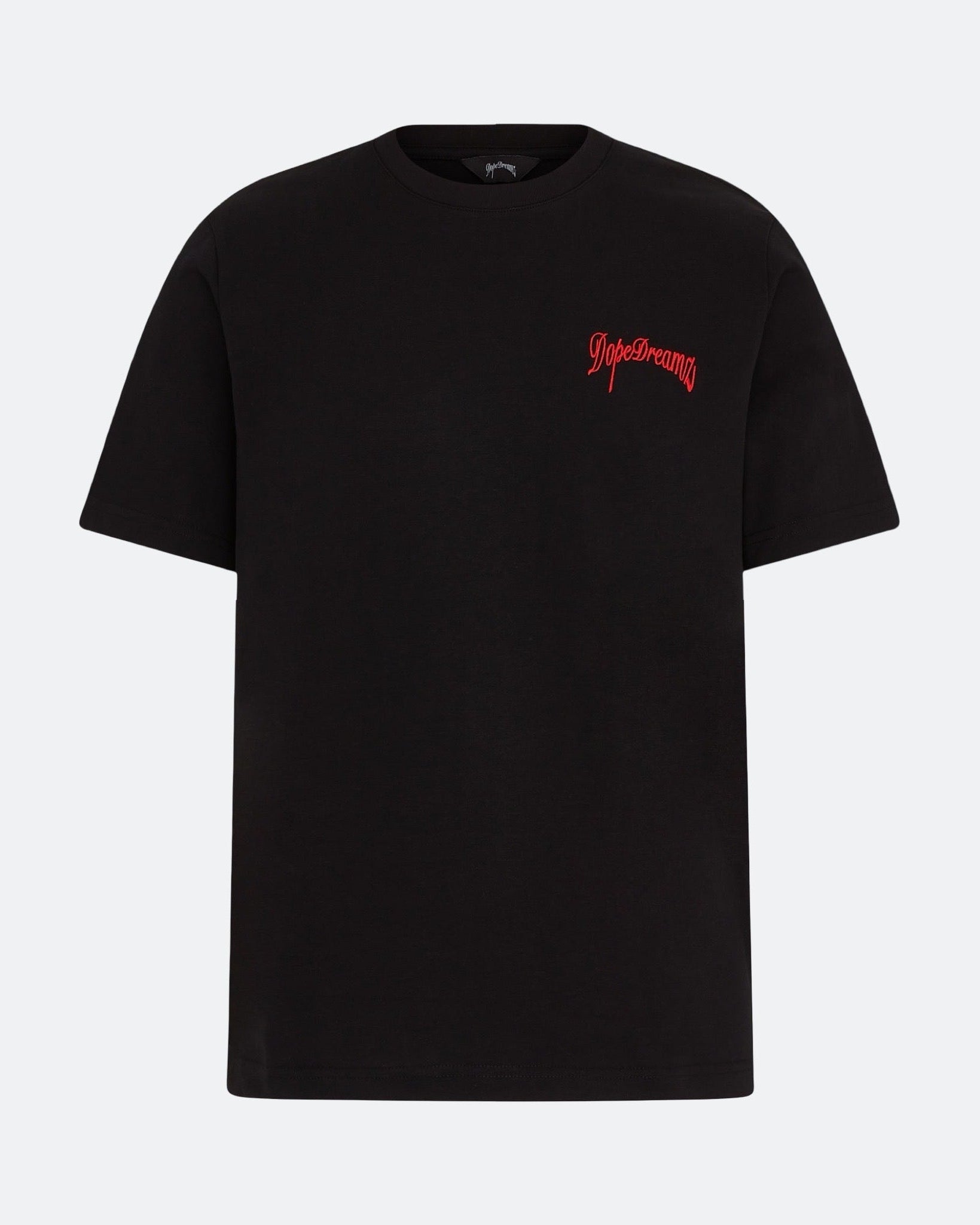 Black DopeDreamz t-shirt with red 3D embroidered chest logo, front view on light background
