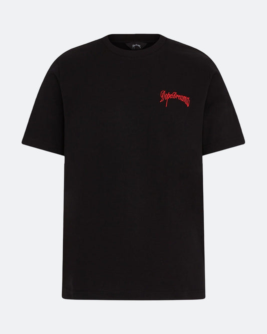 Black DopeDreamz t-shirt with red 3D embroidered chest logo, front view on light background

