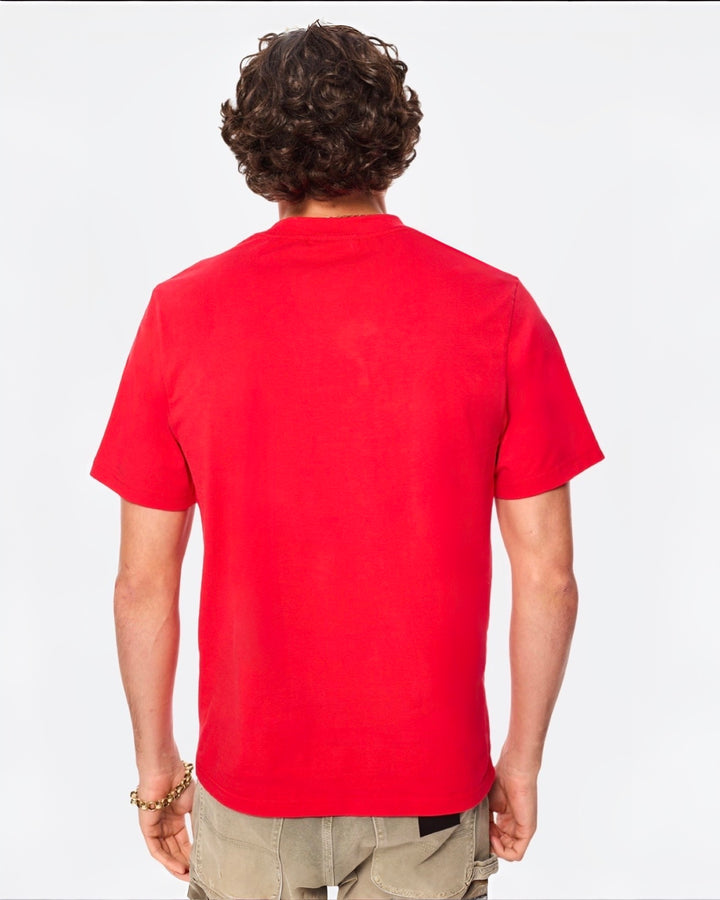 Back view of red DopeDreamz t-shirt showing clean, minimal design
