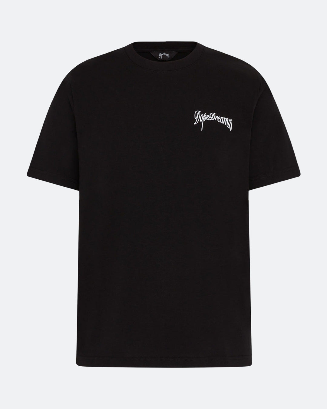Black t-shirt with white 3D embroidered logo on the chest against a white background
