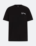 Black t-shirt with white 3D embroidered logo on the chest against a white background
