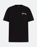 Black t-shirt with white 3D embroidered logo on the chest against a white background
