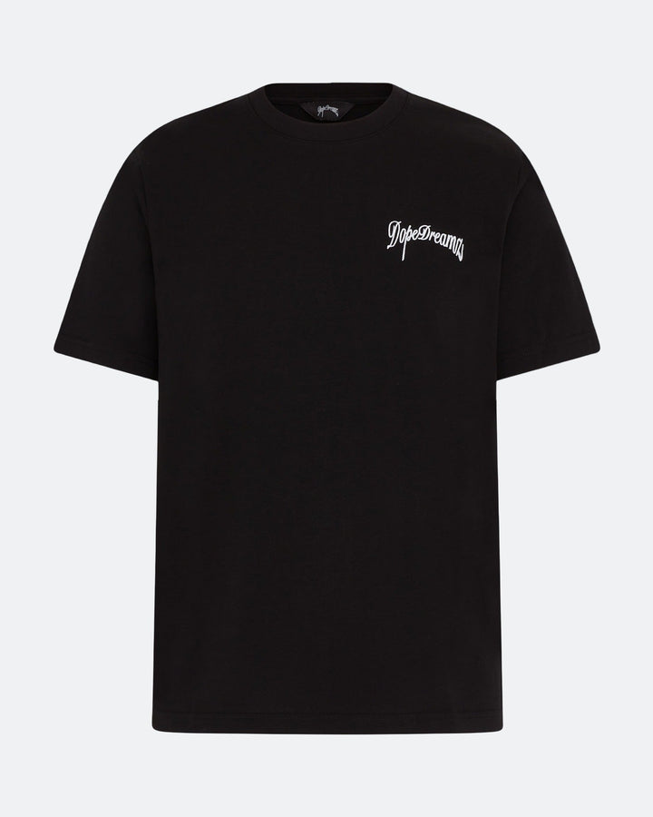 Black t-shirt with white 3D embroidered logo on the chest against a white background
