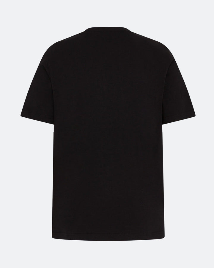 Back view of black DopeDreamz t-shirt on light background
