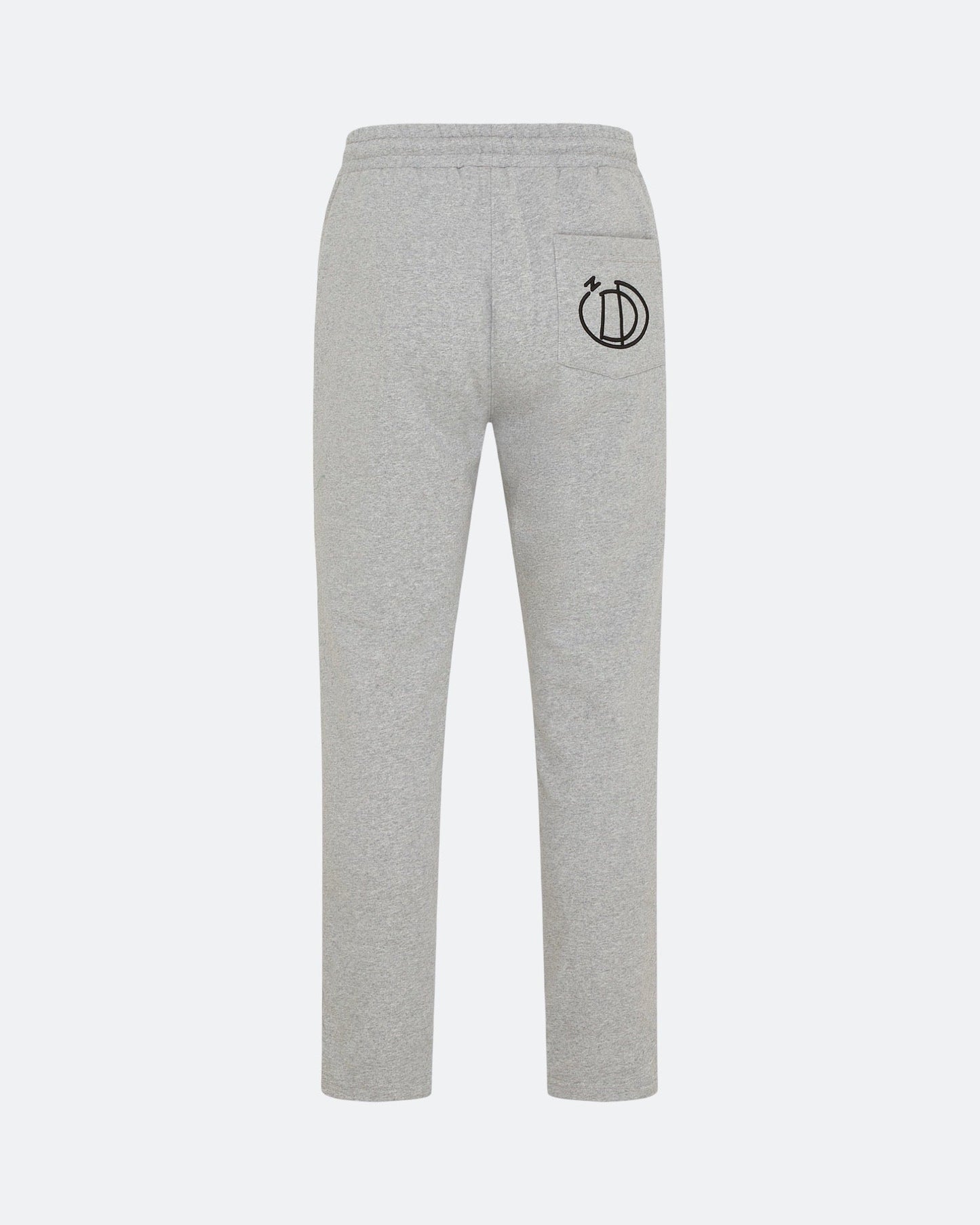 Grey joggers with 3D embroidered back logo against a white background
