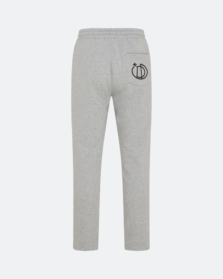 Grey joggers with 3D embroidered back logo against a white background
