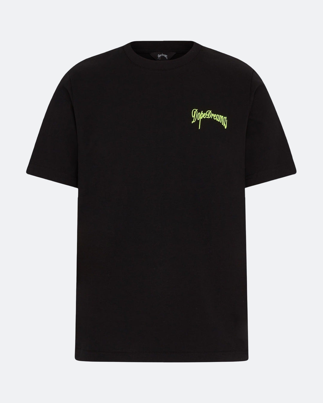 Black DopeDreamz t-shirt with neon green 3D embroidered logo on chest
