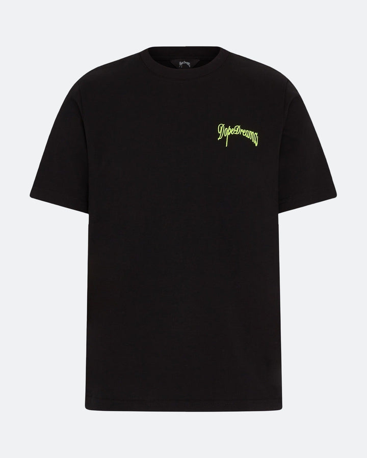 Black DopeDreamz t-shirt with neon green 3D embroidered logo on chest
