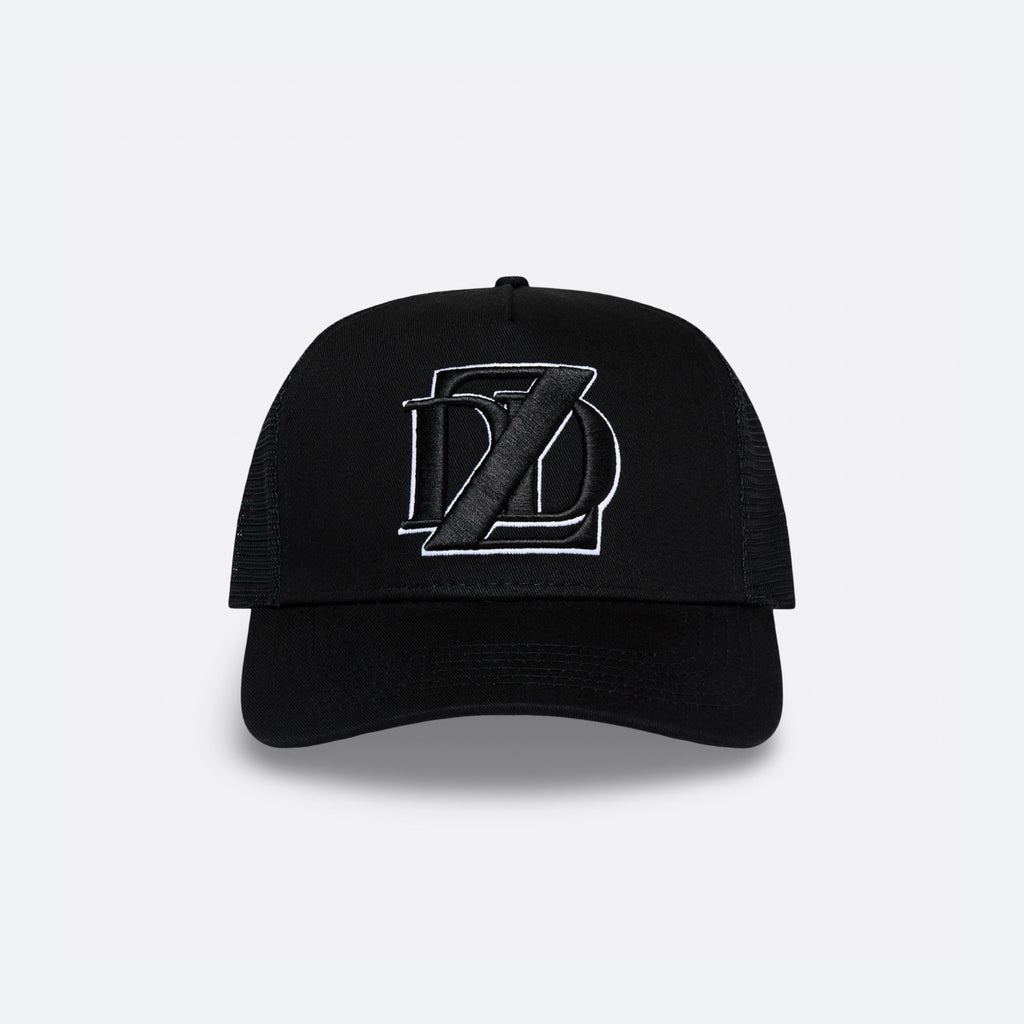 Black DopeDreamz Interlude Noir trucker cap front view with black embroidered DDZ logo